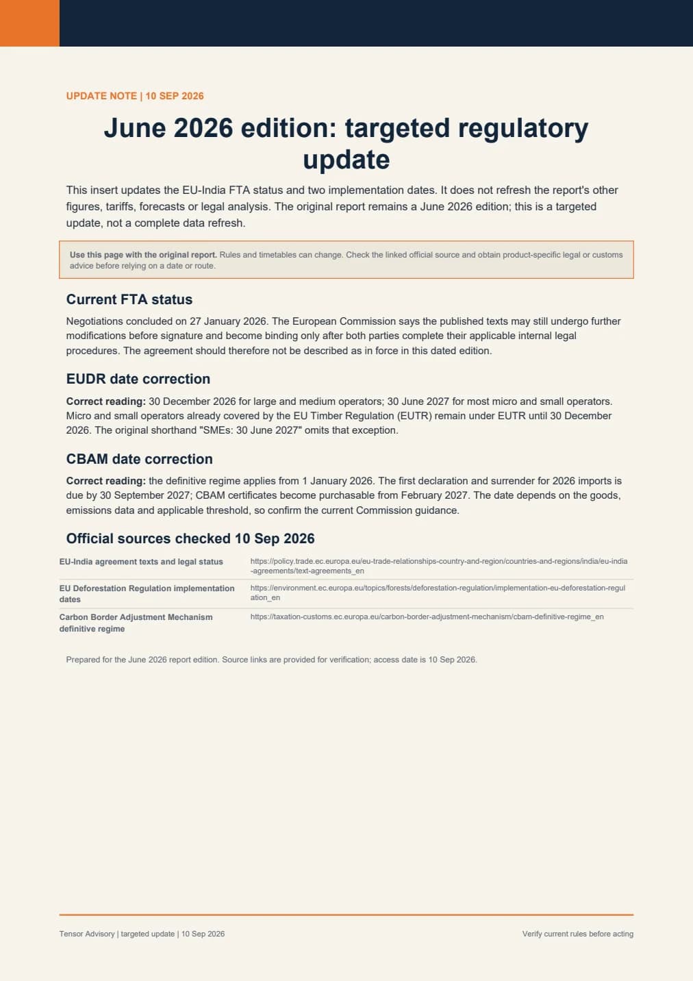 The dated update page from the EU–India FTA impact report