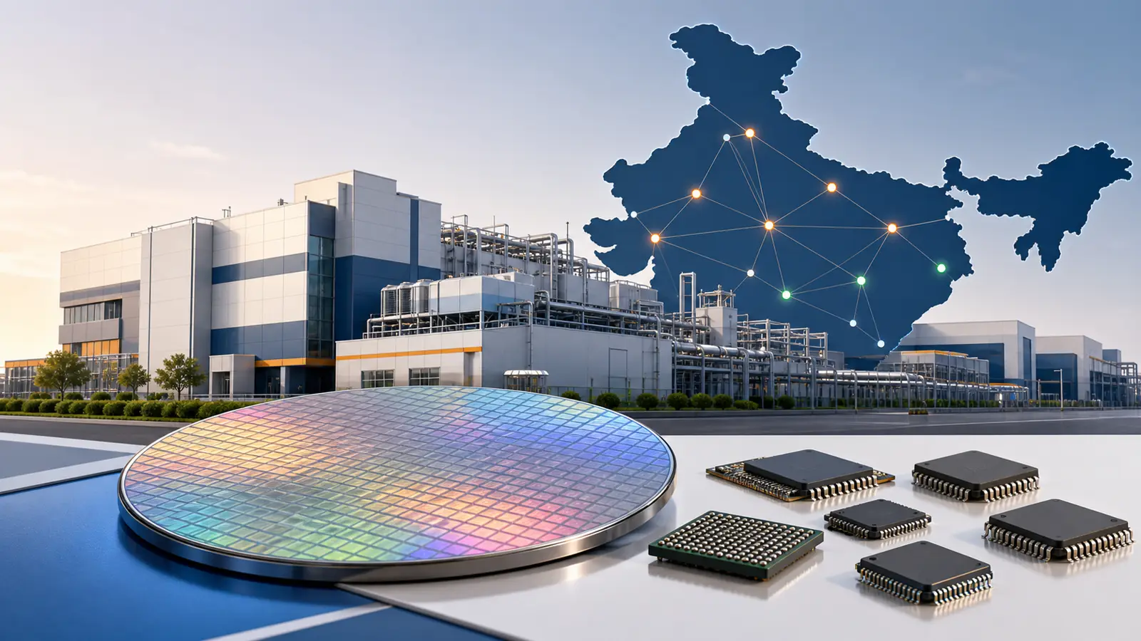 Semiconductor wafer, packaged chips, and an illustrative map of India's manufacturing ecosystem